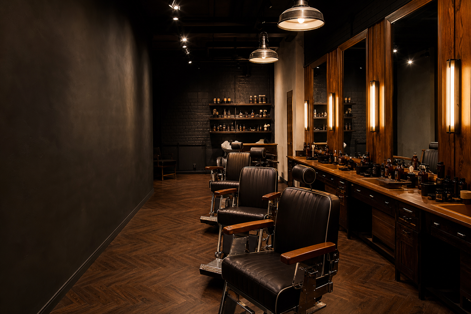 Премиальный интерьер CAPO Barber с теплыми лампами, темным деревом и креслами